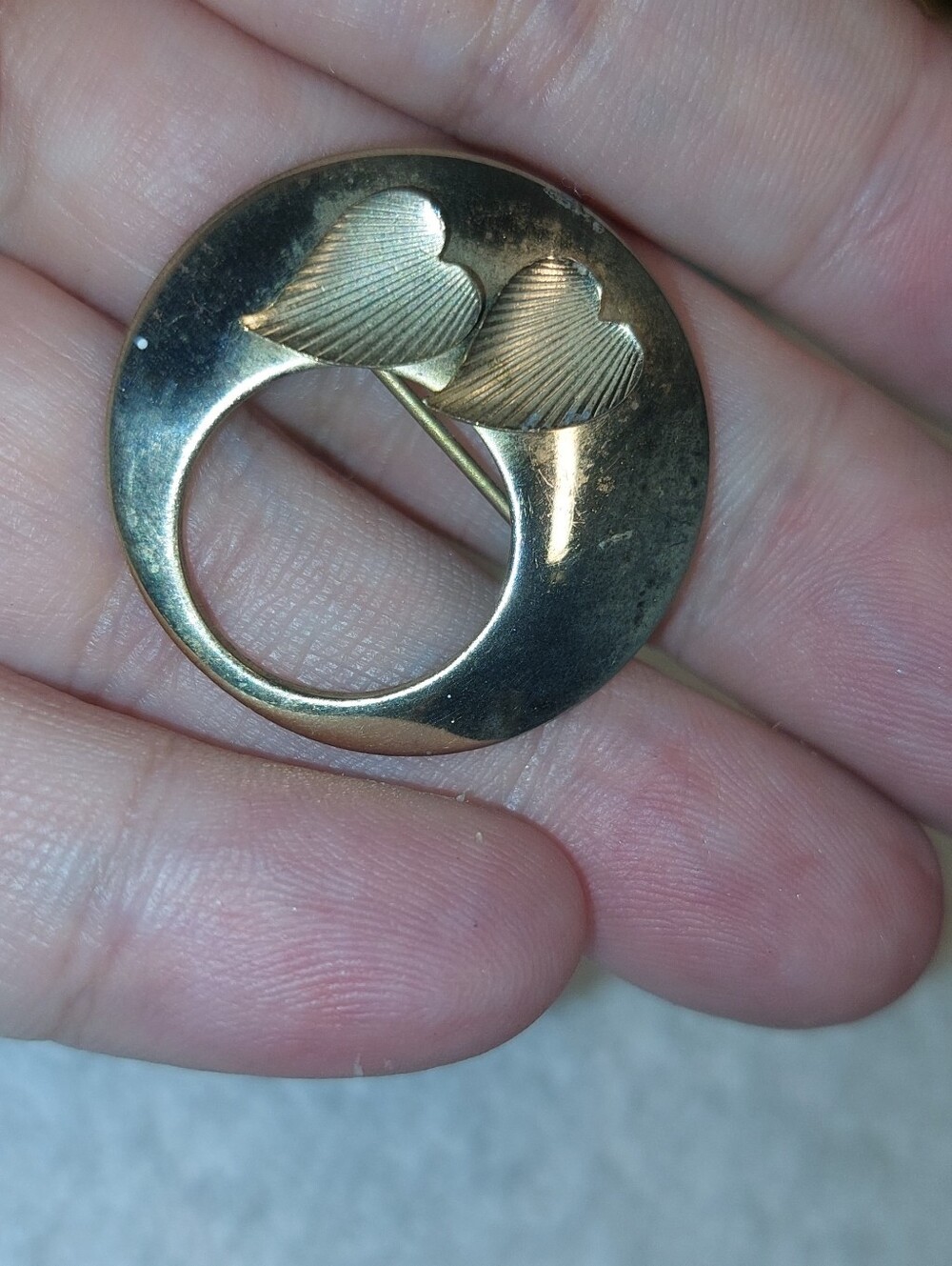 Vintage Gold Circular Brooch with Twin Heart Accents